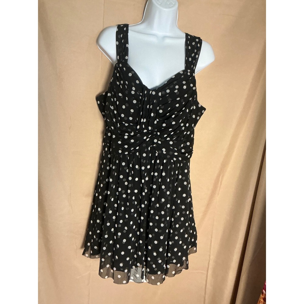 INC Polka Dot Mesh Ruched Tunic Top Womens 1X Black White Excellent Tank Blouse
